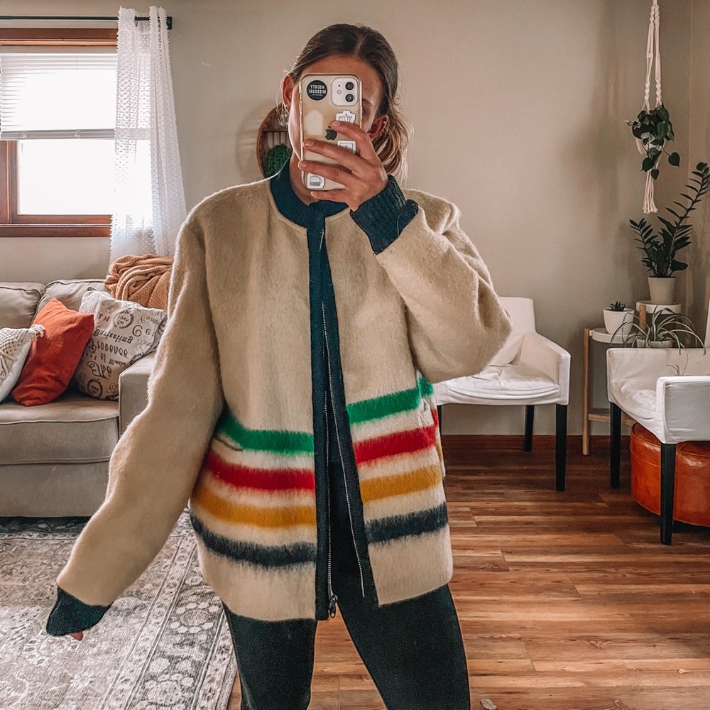 Vintage 60s Hudson's Bay Wool Point Blanket Coat Womens Zip 4 Stripe Canada